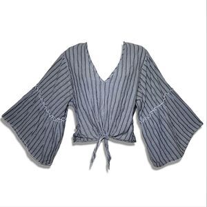 Lavender Field (Anthropology) Bell Sleeve Front Tie Striped Boho Blouse